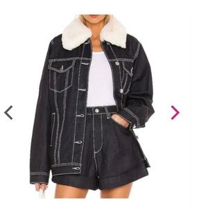 WeWoreWhat indigo raw denim boyfriend jacket with removable faux fur collar